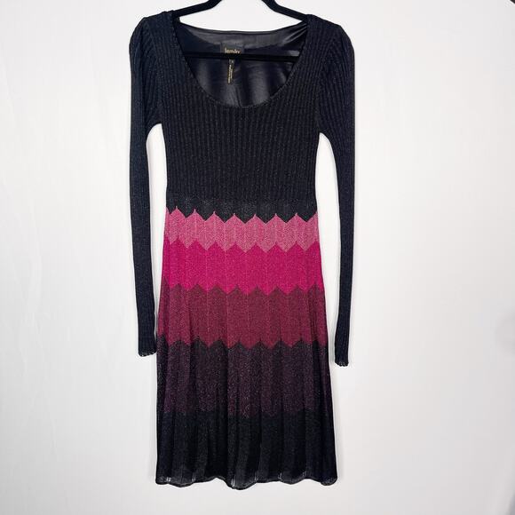 Laundry by Shelli Segal Small S Black Pink Striped Knit Long Sleeve Dress Scoop - Picture 1 of 8